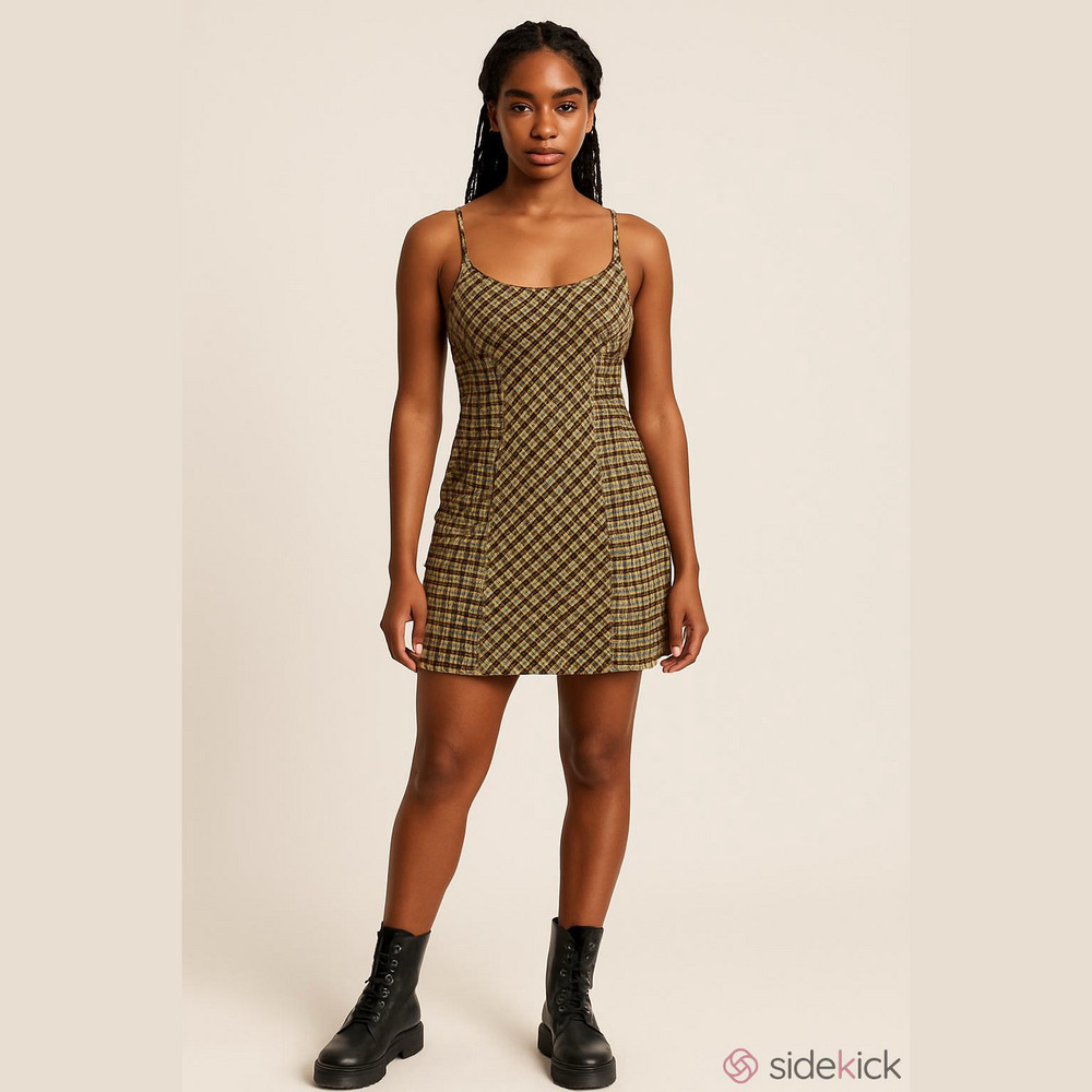 WILD Fable Spaghetti Strap Adjustable Yellow Navy Plaid Dress Women’s Size M